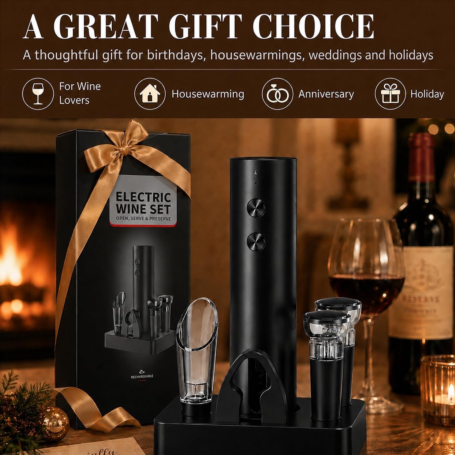 Electric Wine Opener, Rechargeable Automatic Wine Bottle Opener Set | Electric Corkscrew Wine Opener with Foil Cutter, Aerator Pourer, 2 Vacuum Stoppers, Storage Base, Gift for Wine Lovers, Black