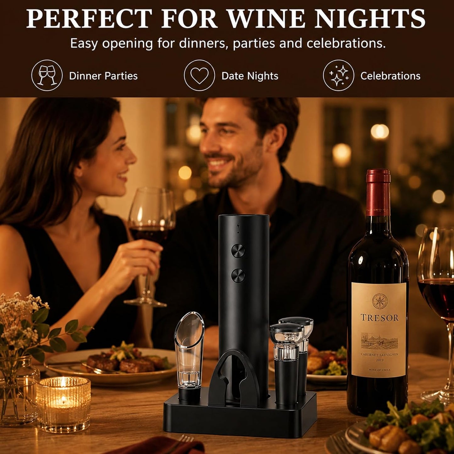 Electric Wine Opener, Rechargeable Automatic Wine Bottle Opener Set | Electric Corkscrew Wine Opener with Foil Cutter, Aerator Pourer, 2 Vacuum Stoppers, Storage Base, Gift for Wine Lovers, Black