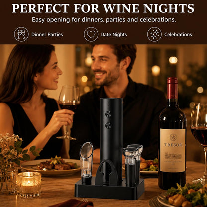 Electric Wine Opener, Rechargeable Automatic Wine Bottle Opener Set | Electric Corkscrew Wine Opener with Foil Cutter, Aerator Pourer, 2 Vacuum Stoppers, Storage Base, Gift for Wine Lovers, Black