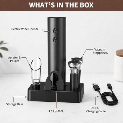 Electric Wine Opener, Rechargeable Automatic Wine Bottle Opener Set | Electric Corkscrew Wine Opener with Foil Cutter, Aerator Pourer, 2 Vacuum Stoppers, Storage Base, Gift for Wine Lovers, Black