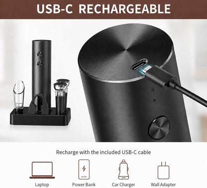 Electric Wine Opener, Rechargeable Automatic Wine Bottle Opener Set | Electric Corkscrew Wine Opener with Foil Cutter, Aerator Pourer, 2 Vacuum Stoppers, Storage Base, Gift for Wine Lovers, Black